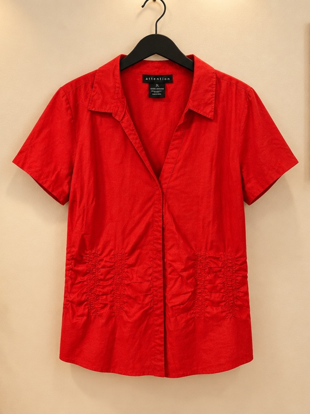 attention Red Short-Sleeve Button Down Shirt with Waist Ruching